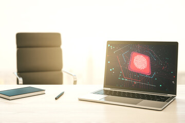 Poster - Modern computer screen with creative fingerprint hologram, personal biometric data concept. 3D Rendering