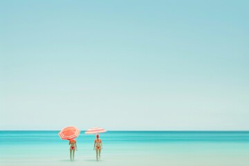 Aufkleber - Abstract Summer Scene with Blurry Figures in Red Swimsuits Under Symmetrical Umbrellas, Turquoise Ocean Background