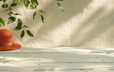 Aufkleber - Pastel Green Wooden Table with Red Hat in Outdoor Camping Setting, Inviting Cozy Atmosphere with Soft Natural Light and Decorative Greenery