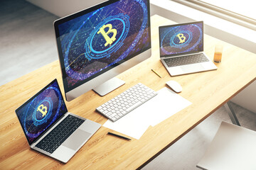 Poster - Modern computer monitor with creative Bitcoin symbol. Cryptocurrency concept. 3D Rendering