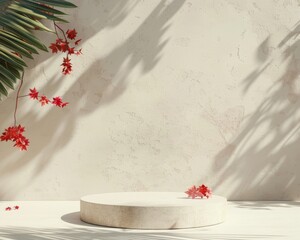 Aufkleber - Elegant Outdoor Display with Pastel Green Podium and Vibrant Red Flowers Under Soft Diffused Light on a Cozy Beige Background