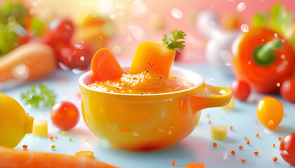 Wall Mural - bowl of vegetable puree baby food on blur table background