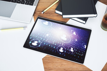 Poster - Modern digital tablet display with social network media concept. Top view. 3D Rendering