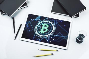 Poster - Creative Bitcoin concept on modern digital tablet display. Top view. 3D Rendering