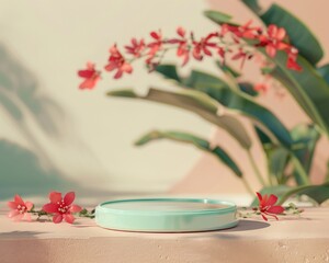 Poster - Elegant Pastel Green Podium in a Cozy Outdoor Setting Surrounded by Red Flowers and Green Plants with Diffused Natural Lighting