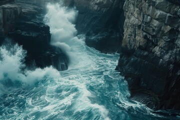 Wall Mural - A breathtaking view of powerful ocean waves crashing against dramatic rock formations, creating a dynamic and adventurous scene. Generative AI