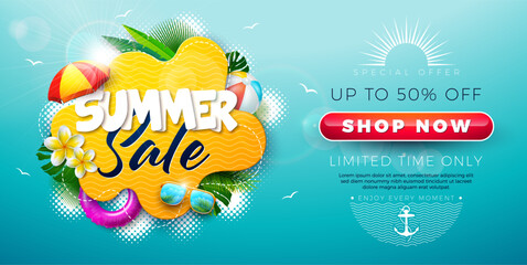 Wall Mural - Summer Sale Business Banner Design with Flower and Beach Holiday Elements on Blue Background. Tropical Vacation Vector Floral Illustration with Special Offer Typography for Coupon, Voucher, Flyer