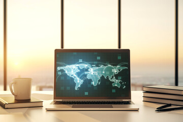 Poster - Computer monitor with abstract graphic digital world map with connections, globalization concept. 3D Rendering