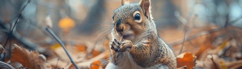 High-angle view of a squirrel holding a tiny paintbrush