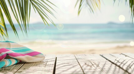 Aufkleber - Sunny Beachside Setting with Rustic Wooden Table for Product Display, Featuring Summer Decor and Soft Palm Fronds