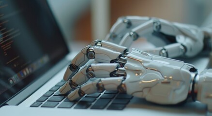 Poster - Close-up of a robot hand typing on a laptop keyboard, representing artificial intelligence in technology and automation