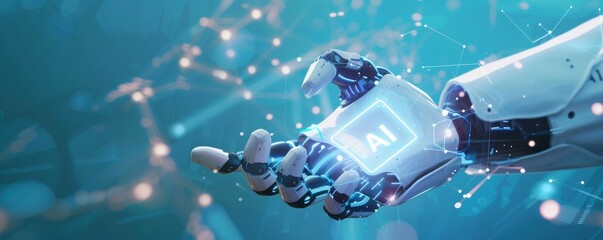 Poster - Robotic hand holding AI symbol in futuristic digital space, representing artificial intelligence technology