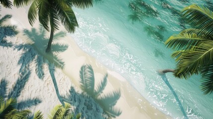 Poster - An idyllic tropical beach with white sand, crystal-clear turquoise waters, and swaying palm trees, creating a perfect paradise setting. Generative AI