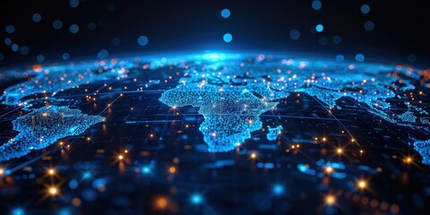 Poster - digital world map with glowing points and lines