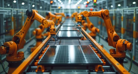 Poster - Automated robot arms assembling solar panels on a production line in a modern factory