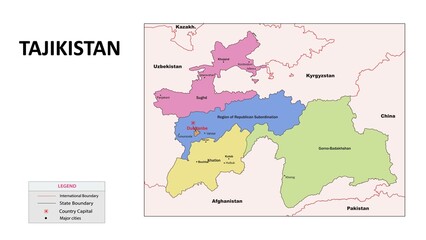 Poster - Tajikistan Map. State and union territories of Tajikistan with neighbouring countries. Political map of Tajikistan with capital and important cities in Detailed.