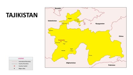 Poster - Tajikistan Map. Major cities in Tajikistan. Political map of Tajikistan with border and neighbouring countries.