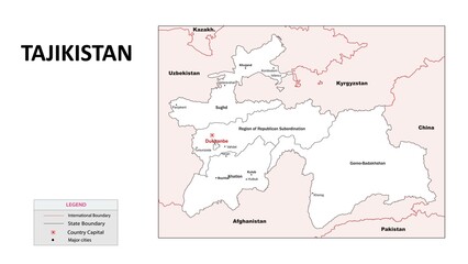 Canvas Print - Tajikistan Map. State map of Tajikistan. Administrative map of Tajikistan with State and capital in white color.