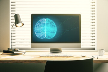 Poster - Modern computer display with creative human brain microcircuit. Future technology and AI concept. 3D Rendering