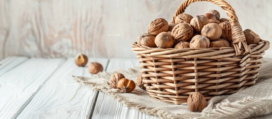 A wicker basket holds walnut hazelnuts on a white wooden table with copy space image.