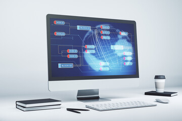 Poster - Abstract creative coding illustration with world map on modern computer monitor, international software development concept. 3D Rendering