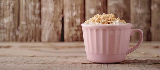 A yellow cereal pastry accompanied by fresh cow's milk sits in a pink container on a brown wooden floor, with a background perfect for copy space image.