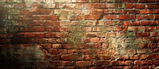 Wall Mural - A text-friendly background with an artistic touch on an aged brick wall, offering space for text, copy space image.