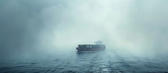 Wall Mural - A solitary cargo ship navigates through dense fog and mist in a boundless ocean, illustrating the idea of being adrift at sea, with a backdrop featuring an area for text insertion, known as a copy
