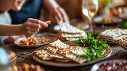 Hands are seen arranging unleavened bread and fresh greens on a dining table, suggesting a prepared meal or festive gathering.