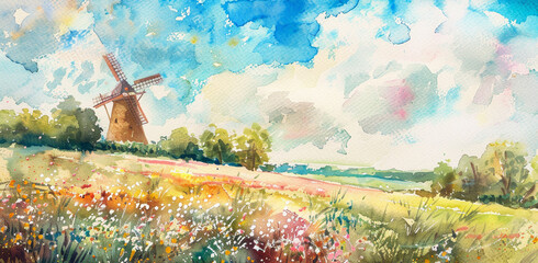 Wall Mural - Artistic painting of rural countryside scene with traditional windmill