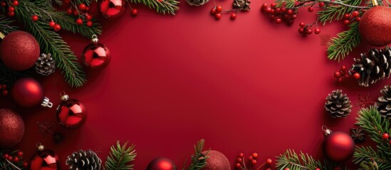 Wall Mural - A festive red Christmas background adorned with holiday decorations, fir branches, and ample copy space image.