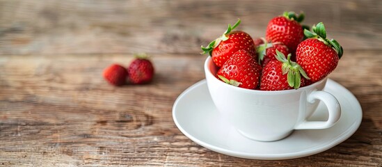 Wall Mural - A cup with strawberries and a saucer with mulberries are placed on a wooden table with a blank copy space image.