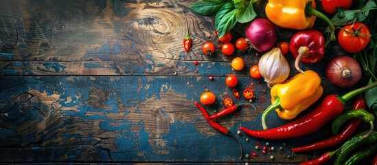 A rustic backdrop featuring vibrant hot peppers on a wooden surface with ample copy space image. Overhead view of organic, nitrate-free veggies. Fresh produce from local farms in a casual food