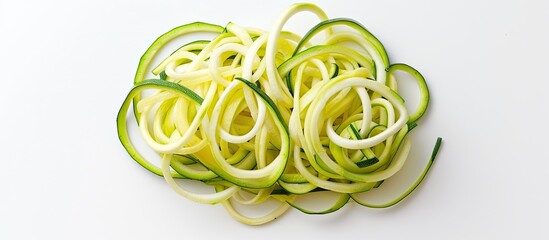 Wall Mural - A raw zucchini pasta displayed on a blank white background, with ample space for additional content, captured from a top-down perspective for viewing.