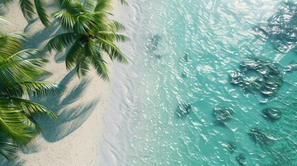 Poster - An aerial view of a serene tropical beach with swaying palm trees, crystal clear turquoise water, and pristine white sand. Generative AI
