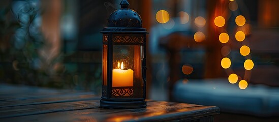 A black lantern featuring a candle, shown in a close-up copy space image.