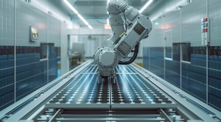 Poster - Robotic arm working on a futuristic assembly line in a high-tech factory