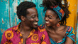 © Steven - A joyful couple in vibrant attire share a loving gaze, radiating happiness and connection, set against a colorful and rustic background