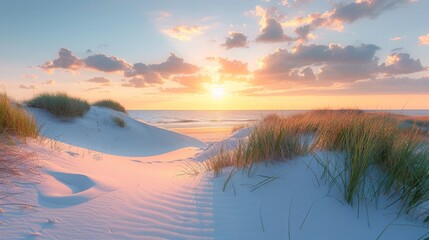 Beautiful sunset over sand dunes with grass