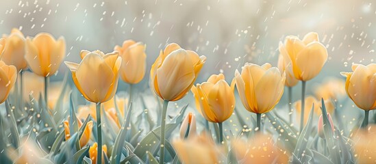 Wall Mural - A high-quality photo featuring a spring composition of delicate yellow tulips with selective focus on a light background, including a copy space image.