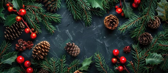 A festive Christmas-themed flat lay with pine leaves, cones, holly balls, and copy space image for card designs, capturing the essence of the holiday season.