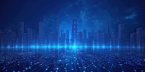 Poster - digital cityscape with glowing blue circuit board