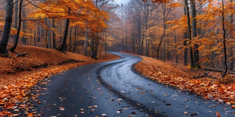 Wall Mural - Autumn Road Through a Misty Forest