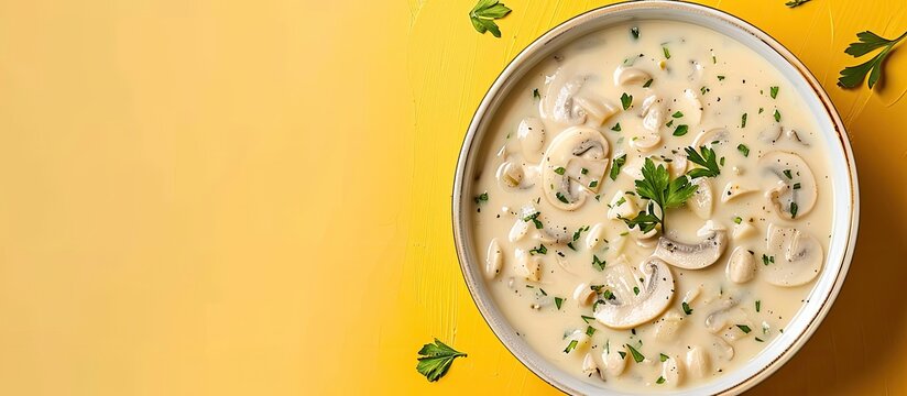A close-up view displays creamy mushroom soup against a yellow backdrop with ample copy space image.