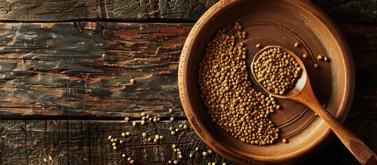 A clay plate and spoon with fenugreek on a brown wooden backdrop, representing Indian cuisine, ayurveda, naturopathy, and modern apothecary, with copy space image.