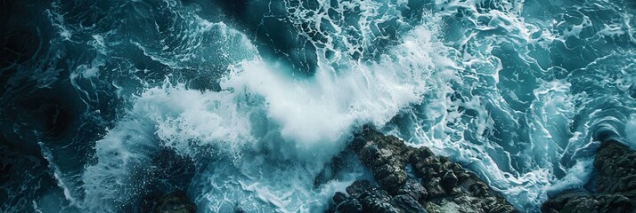 Wall Mural - A breathtaking aerial view of powerful ocean waves crashing against picturesque rocks, creating a dynamic and adventurous scene. Generative AI