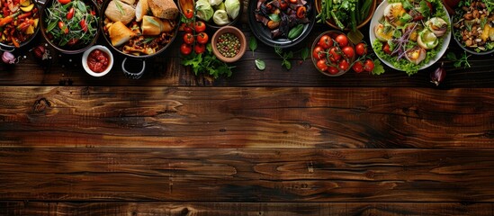 A wooden table showcasing an array of appetizing dishes with a clear section for adding text or images, commonly termed as a copy space image.