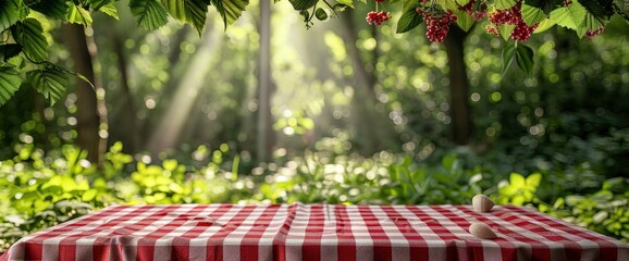 Sticker - Red And White Checkered Tablecloth With Lush Green Foliage In The Background, Perfect For A Picnic Scene