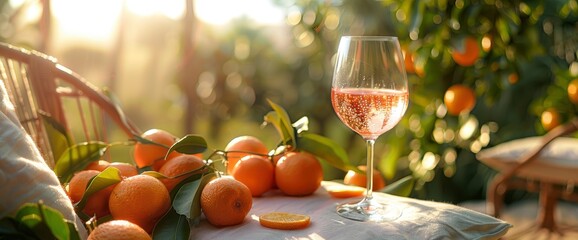 Wall Mural - Rosý Wine Glass On A Mediterranean Chair With Clementine Citrus Fruit In The Sunshine, Evoking A Relaxing And Luxurious Moment