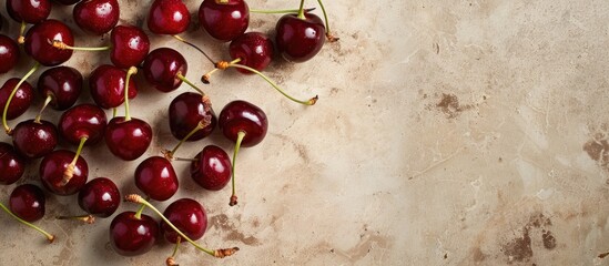 Poster - A board displaying sweet cherries on a beige backdrop with ample copy space image included.